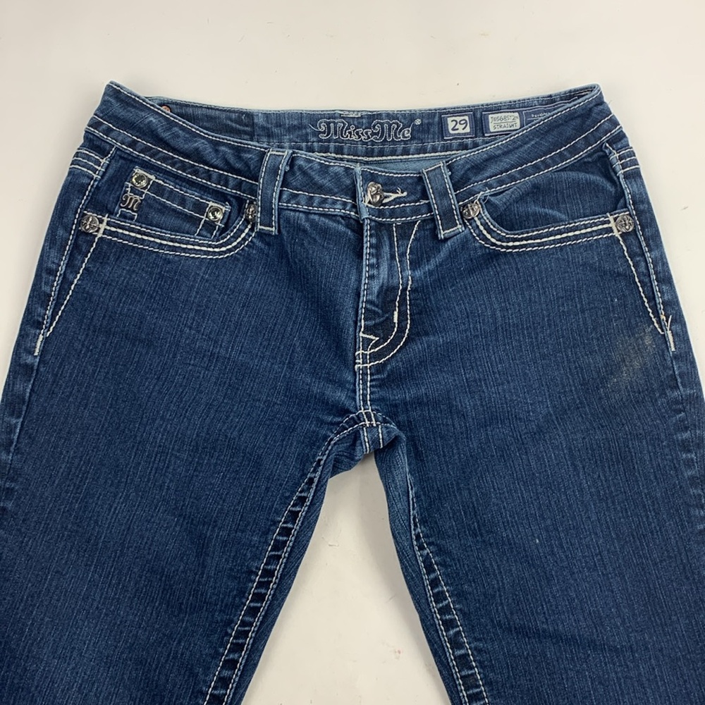 Miss Me Straight Jeans Med dark wash denim stretch Flap bling stud pockets - Picture 4 of 14